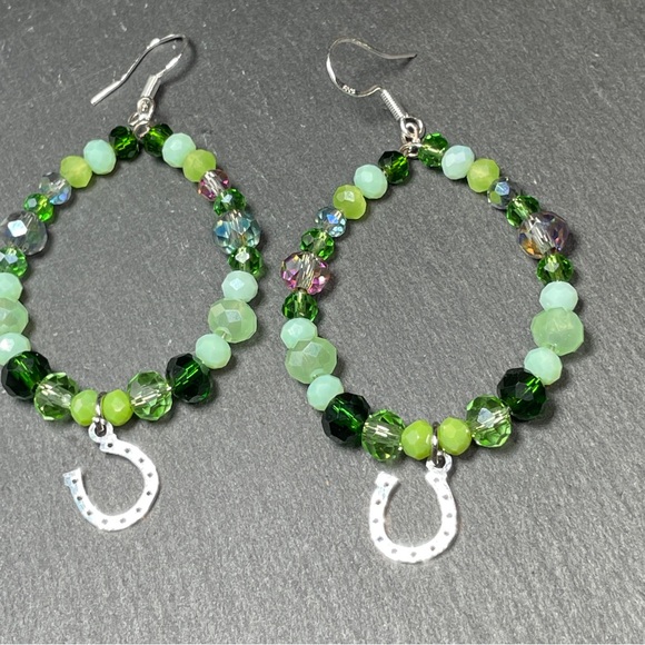 Lucky Horse Shoe Green Czech Crystal Hoop Earrings - Picture 7 of 11